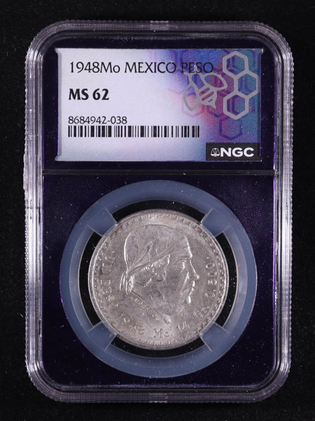1948-Mo Mexico Peso .500 Fine Silver Coin (NGC MS62) at PristineAuction.com 1948-Mo Mexico Peso .500 Fine Silver Coin (NGC MS62) at PristineAuction.com