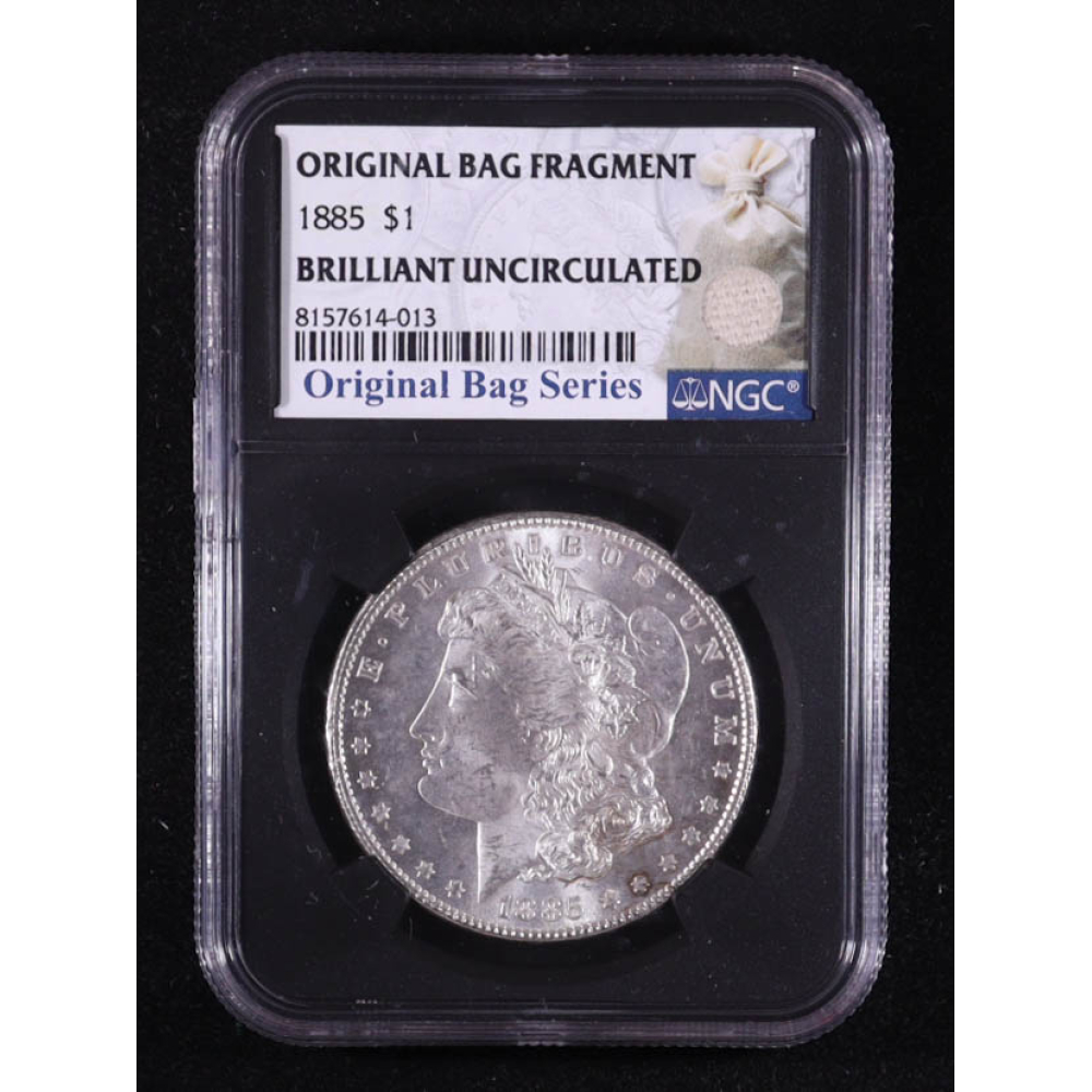 1885 Morgan Silver $1 Dollar - Original Bag Fragment Relic (NGC BRILLIANT UNCIRCULATED) at PristineAuction.com