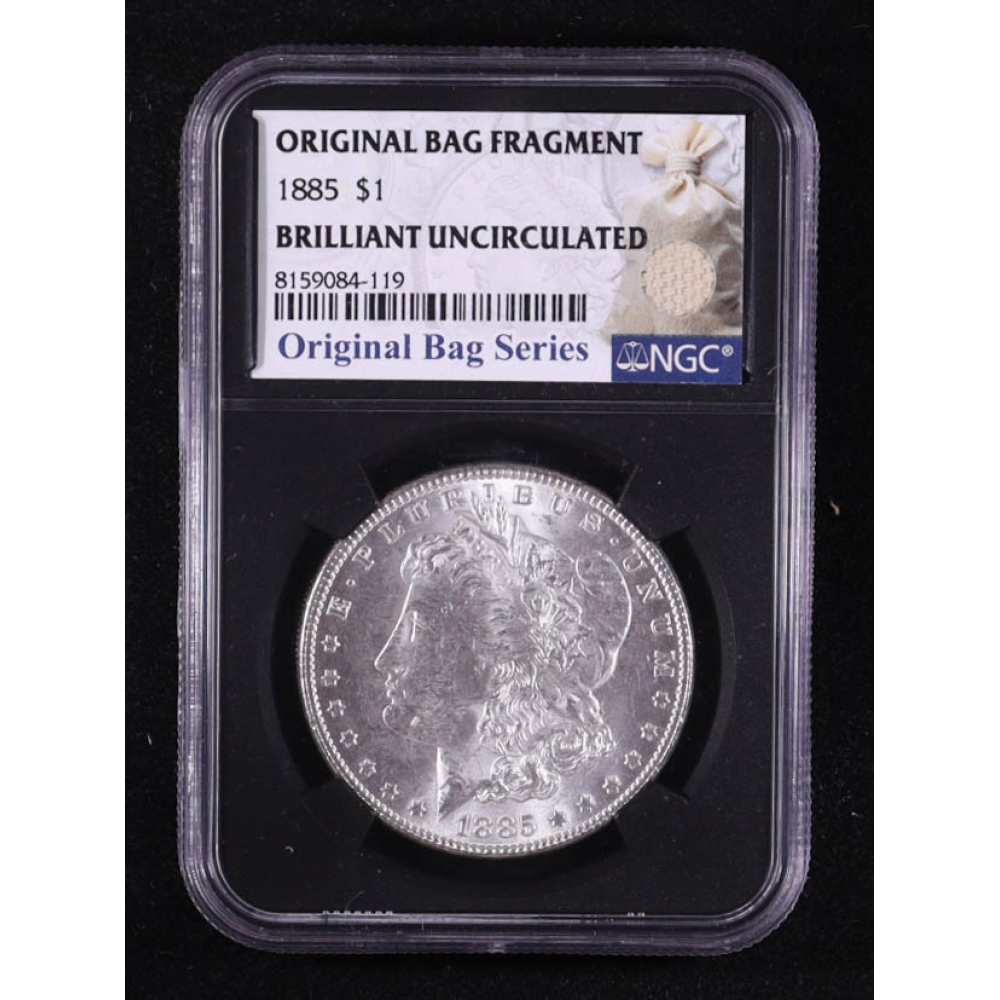 1885 Morgan Silver $1 Dollar - Original Bag Fragment Relic (NGC BRILLIANT UNCIRCULATED) at PristineAuction.com