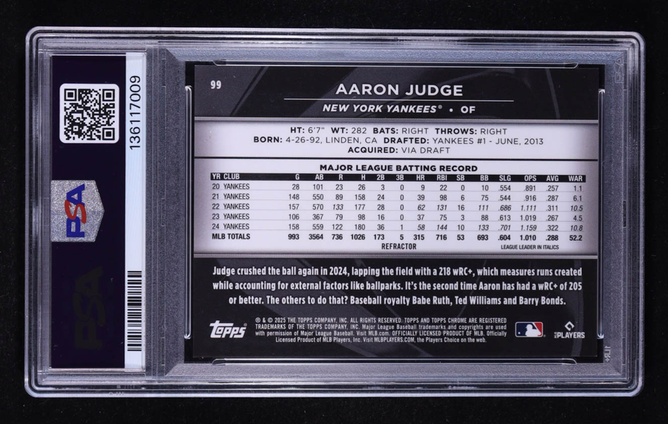 Aaron Judge 2025 Topps Chrome Black Refractors Parallel #99 #094/199 (PSA 9) at PristineAuction.com Aaron Judge 2025 Topps Chrome Black Refractors Parallel #99 #094/199 (PSA 9) at PristineAuction.com