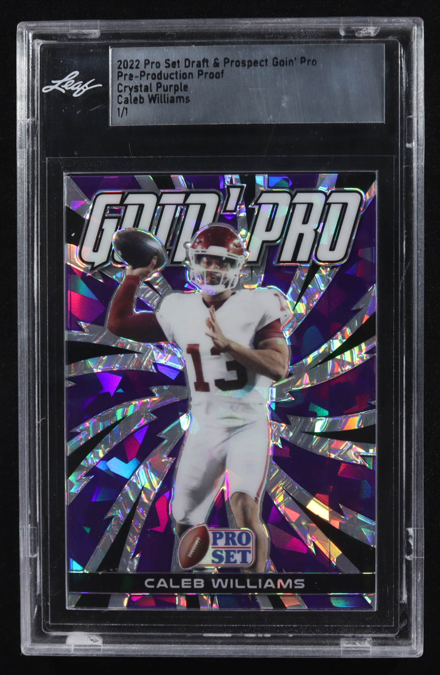 Caleb Williams 2022 Pro Set Draft and Prospect Goin' Pro Crystal Purple Pre-Production Proof #NNO RC #1/1 (Leaf) at PristineAuction.com Caleb Williams 2022 Pro Set Draft and Prospect Goin' Pro Crystal Purple Pre-Production Proof #NNO RC #1/1 (Leaf) at PristineAuction.com