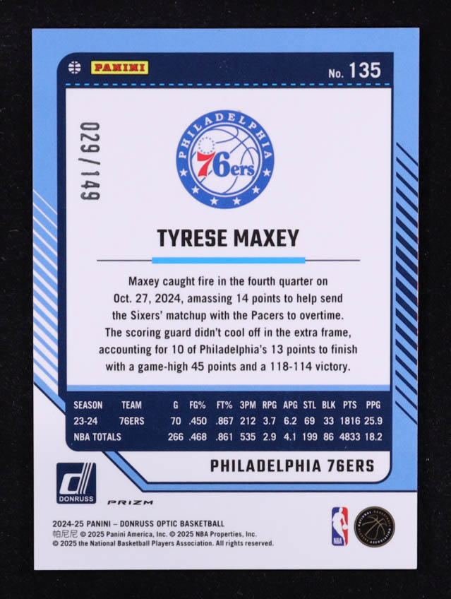 Tyrese Maxey 2024-25 Donruss Optic Lime Green #176 #029/149 at PristineAuction.com Tyrese Maxey 2024-25 Donruss Optic Lime Green #176 #029/149 at PristineAuction.com