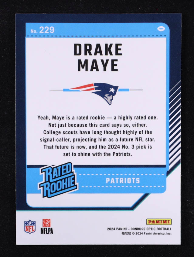 Drake Maye 2024 Donruss Optic #229 RR RC at PristineAuction.com Drake Maye 2024 Donruss Optic #229 RR RC at PristineAuction.com