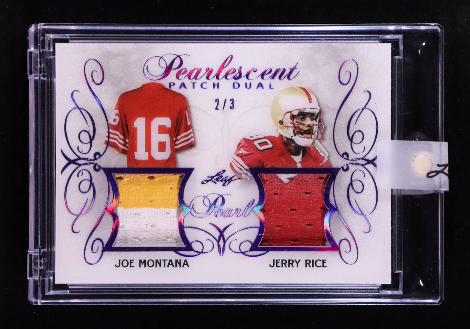 Joe Montana / Jerry Rice 2019 Leaf Pearl Pearlescent Patch Dual Game-Used Memorabilia Prismatic Purple #PPD07 #2/3 at PristineAuction.com Joe Montana / Jerry Rice 2019 Leaf Pearl Pearlescent Patch Dual Game-Used Memorabilia Prismatic Purple #PPD07 #2/3 at PristineAuction.com