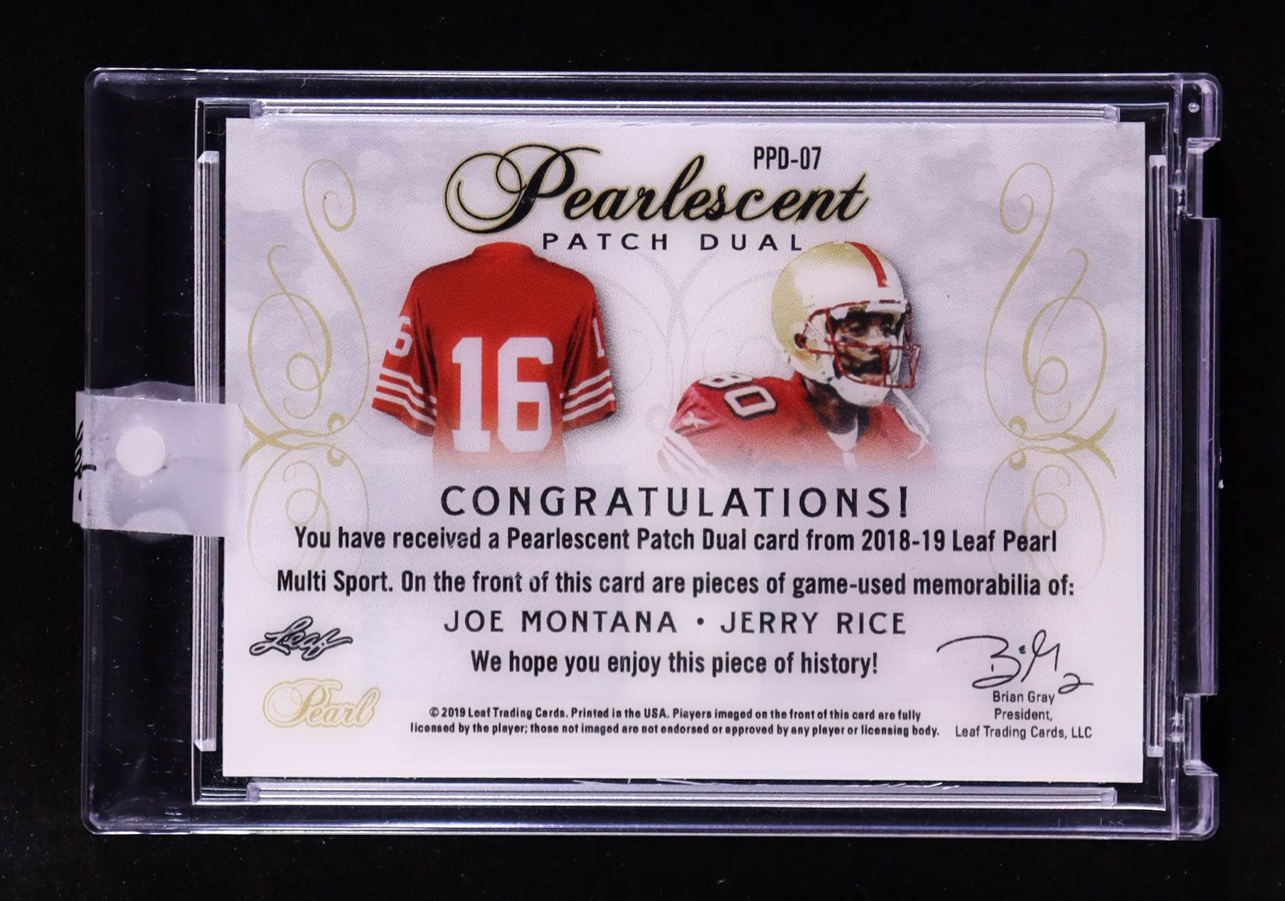 Joe Montana / Jerry Rice 2019 Leaf Pearl Pearlescent Patch Dual Game-Used Memorabilia Prismatic Purple #PPD07 #2/3 at PristineAuction.com Joe Montana / Jerry Rice 2019 Leaf Pearl Pearlescent Patch Dual Game-Used Memorabilia Prismatic Purple #PPD07 #2/3 at PristineAuction.com