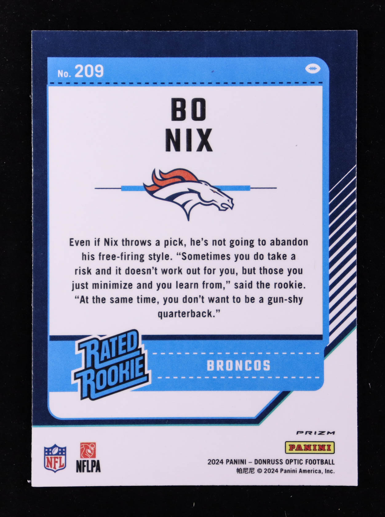Bo Nix 2024 Donruss Optic Purple Shock #209 RR RC at PristineAuction.com Bo Nix 2024 Donruss Optic Purple Shock #209 RR RC at PristineAuction.com