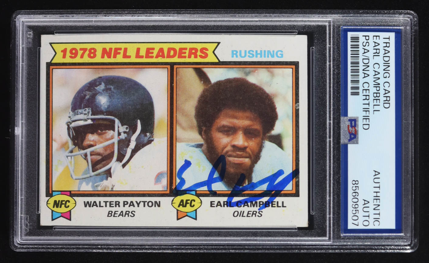 Earl Campbell / Walter Payton Signed 1979 Topps NFL Leaders Rushing #3 RC (PSA) at PristineAuction.com Earl Campbell / Walter Payton Signed 1979 Topps NFL Leaders Rushing #3 RC (PSA) at PristineAuction.com