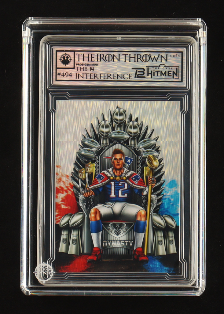 Tom Brady "The Iron Thrown" The Case Hitmen Custom Art Card THB-14 Interference #494 #1/1 with (2) Custom Coins at PristineAuction.com Tom Brady "The Iron Thrown" The Case Hitmen Custom Art Card THB-14 Interference #494 #1/1 with (2) Custom Coins at PristineAuction.com