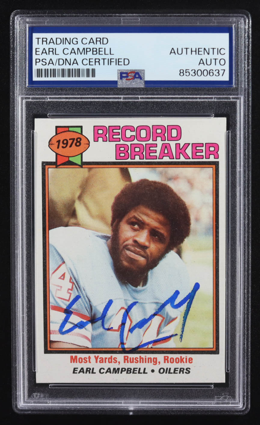 Earl Campbell Signed 1979 Topps Record Breaker #331 RC (PSA) at PristineAuction.com Earl Campbell Signed 1979 Topps Record Breaker #331 RC (PSA) at PristineAuction.com