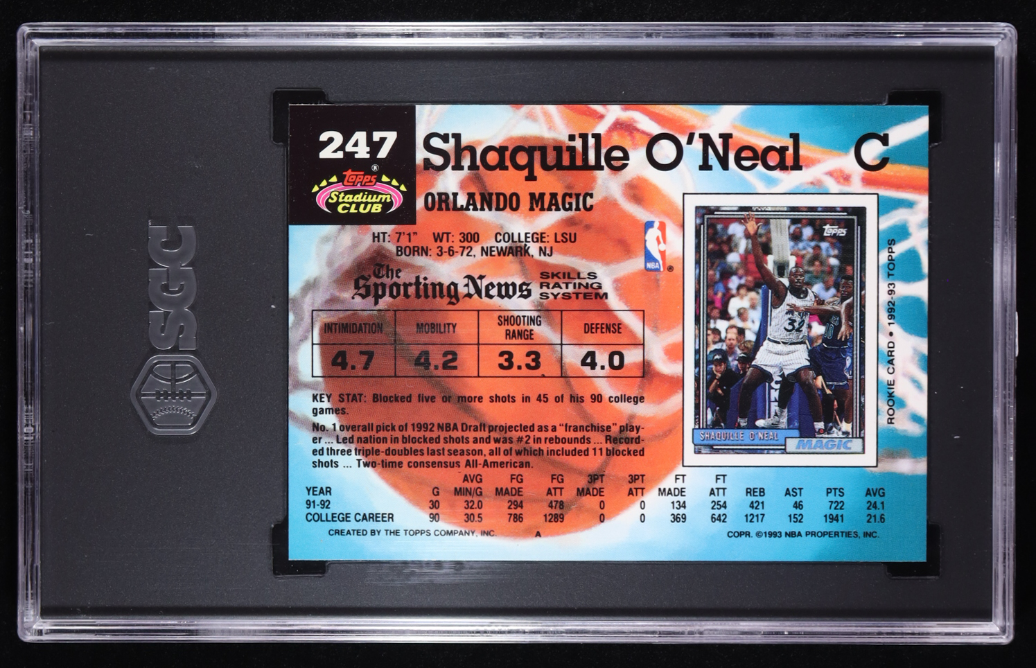 Shaquille O'Neal 1992-93 Stadium Club #247 RC (SGC 9) at PristineAuction.com Shaquille O'Neal 1992-93 Stadium Club #247 RC (SGC 9) at PristineAuction.com