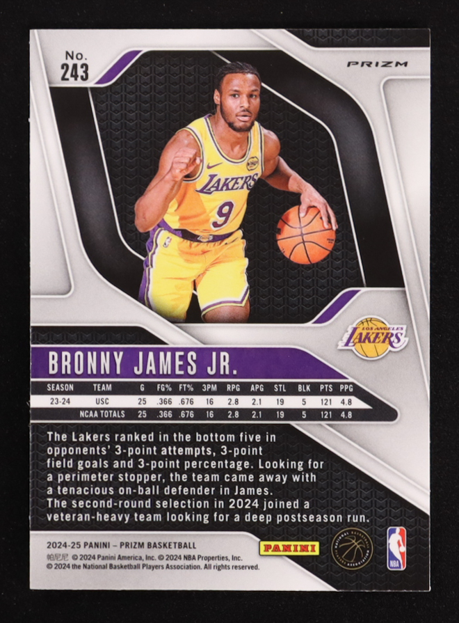 Bronny James Jr. 2024-25 Panini Prizm Prizms Silver #243 RC at PristineAuction.com Bronny James Jr. 2024-25 Panini Prizm Prizms Silver #243 RC at PristineAuction.com