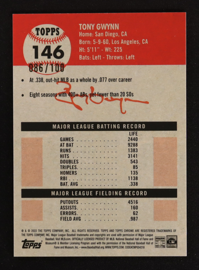 Tony Gwynn 2022 Topps Chrome Platinum Anniversary Blue Atomic Refractors #146 #086/100 at PristineAuction.com Tony Gwynn 2022 Topps Chrome Platinum Anniversary Blue Atomic Refractors #146 #086/100 at PristineAuction.com