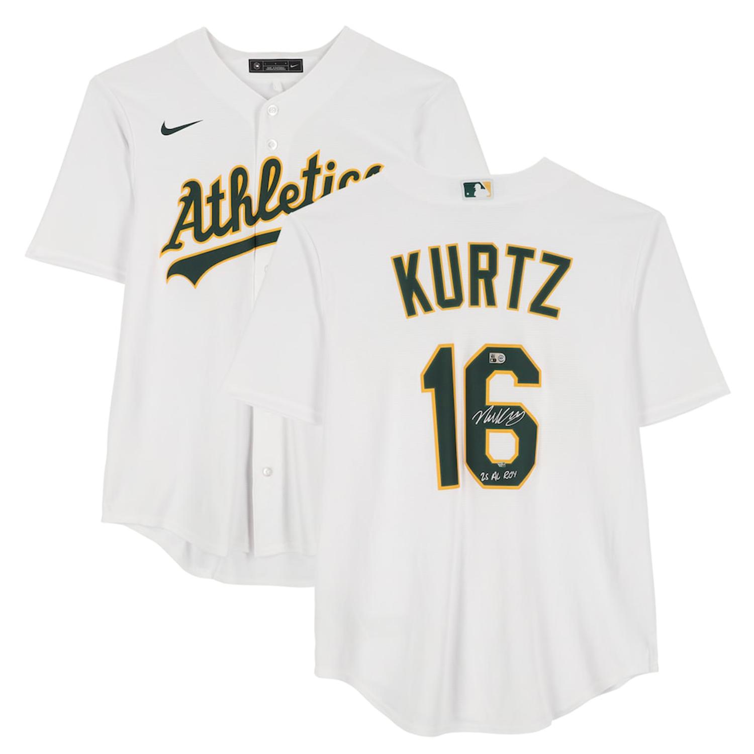 Nick Kurtz Signed Athletics Nike Authentic Jersey Inscribed "25 AL ROY" (Fanatics) at PristineAuction.com Nick Kurtz Signed Athletics Nike Authentic Jersey Inscribed "25 AL ROY" (Fanatics) at PristineAuction.com