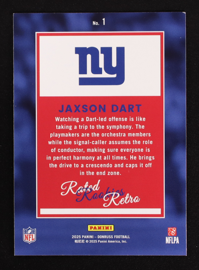 Jaxson Dart 2025 Donruss Rated Rookies Retro #1 RC at PristineAuction.com Jaxson Dart 2025 Donruss Rated Rookies Retro #1 RC at PristineAuction.com