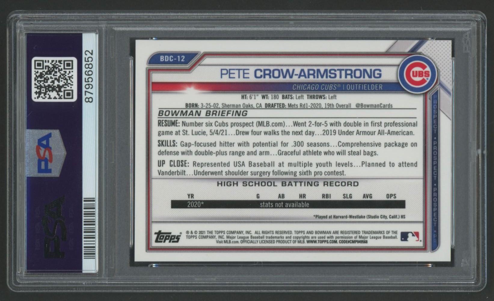 Pete Crow-Armstrong Signed 2021 Bowman Chrome Draft Blue Refractor #BDC12 RC #40/150 (PSA 9) at PristineAuction.com Pete Crow-Armstrong Signed 2021 Bowman Chrome Draft Blue Refractor #BDC12 RC #40/150 (PSA 9) at PristineAuction.com