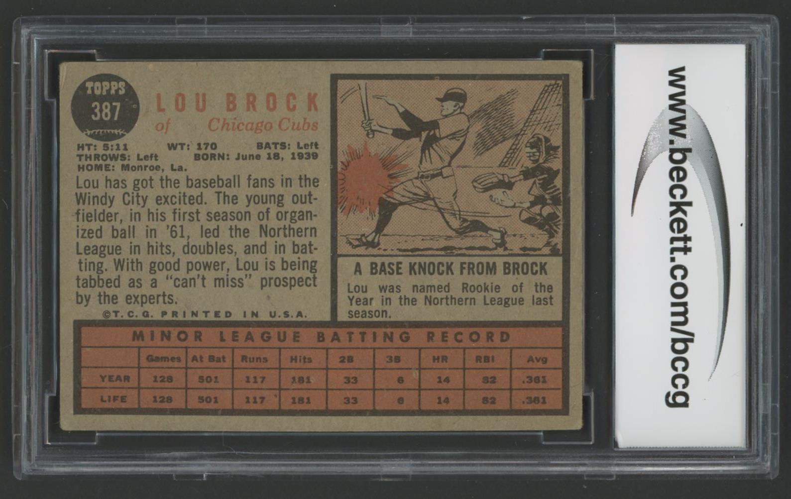 Lou Brock 1962 Topps #387 RC (BCCG 7) at PristineAuction.com Lou Brock 1962 Topps #387 RC (BCCG 7) at PristineAuction.com