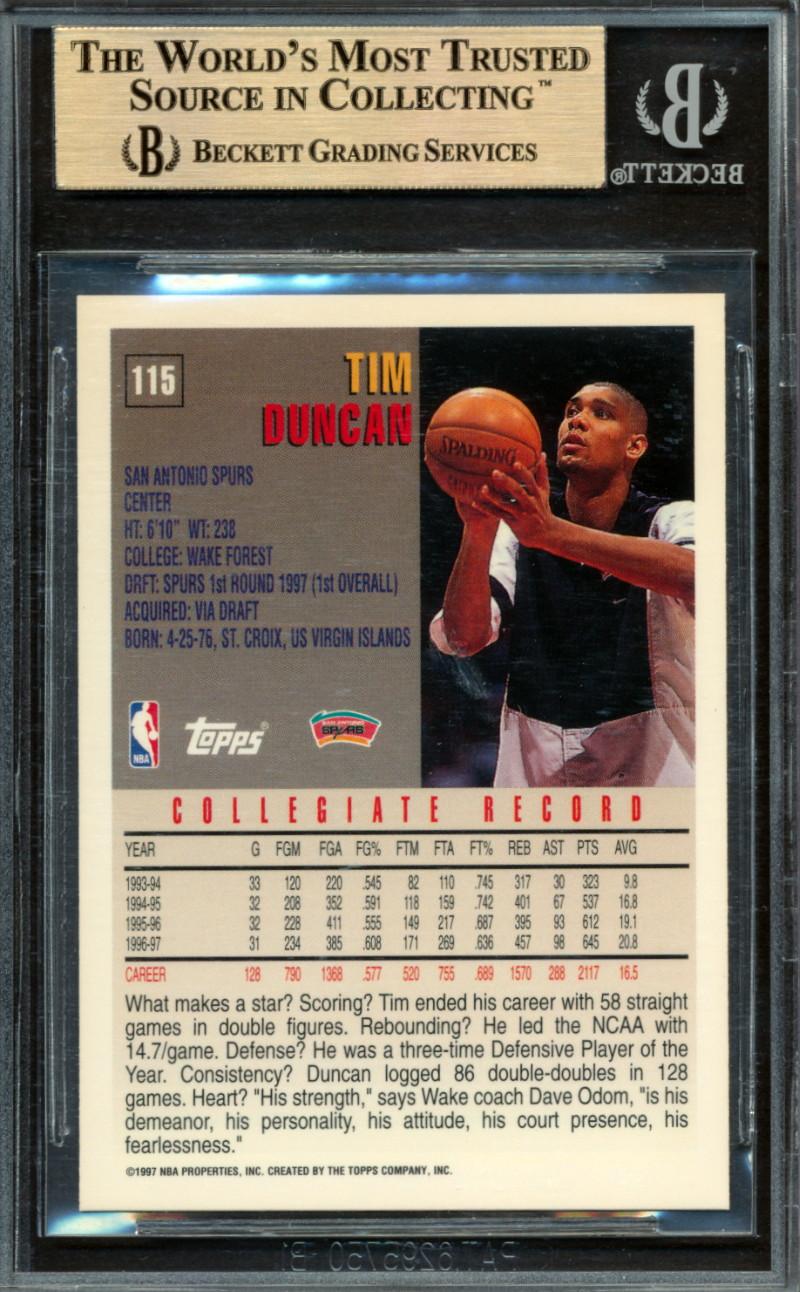 Tim Duncan 1997-98 Topps #115 RC (BGS 9.5) at PristineAuction.com Tim Duncan 1997-98 Topps #115 RC (BGS 9.5) at PristineAuction.com