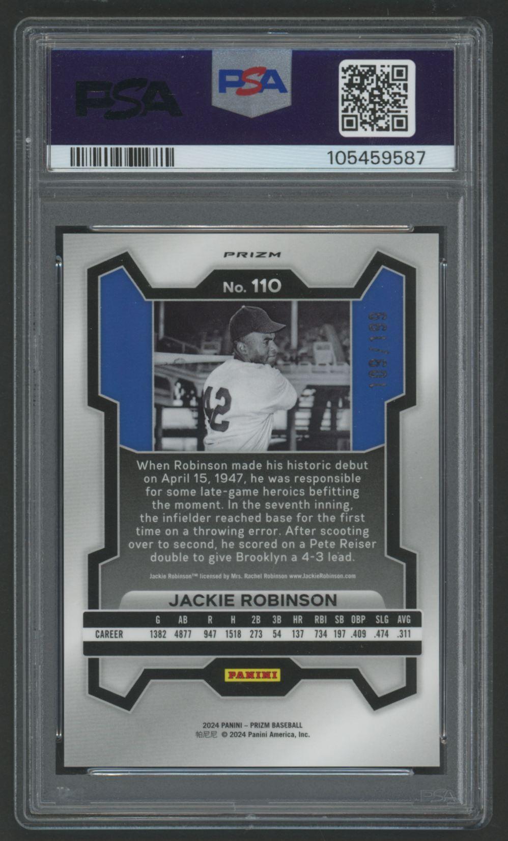 Jackie Robinson 2024 Panini Prizm Premium Box Set Prizm #110 #109/199 (PSA 10) at PristineAuction.com Jackie Robinson 2024 Panini Prizm Premium Box Set Prizm #110 #109/199 (PSA 10) at PristineAuction.com