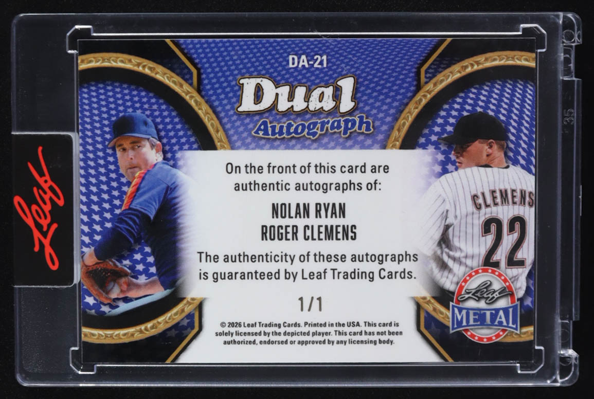 Roger Clemens / Nolan Ryan 2026 Leaf Metal Dual Autographs #DA-21 #1/1 at PristineAuction.com Roger Clemens / Nolan Ryan 2026 Leaf Metal Dual Autographs #DA-21 #1/1 at PristineAuction.com