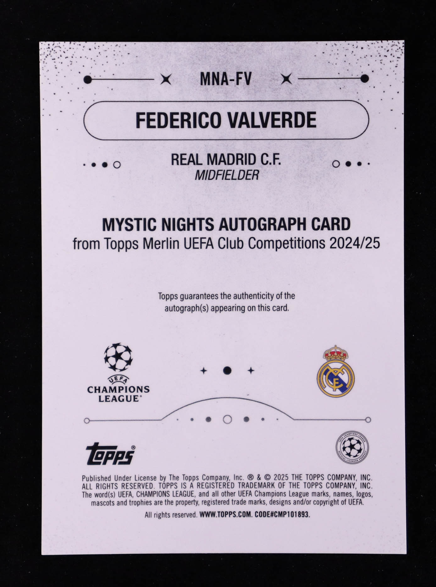Federico Valverde 2024-25 Merlin UEFA Club Competitions Mystic Nights Autographs #MNAFV at PristineAuction.com Federico Valverde 2024-25 Merlin UEFA Club Competitions Mystic Nights Autographs #MNAFV at PristineAuction.com