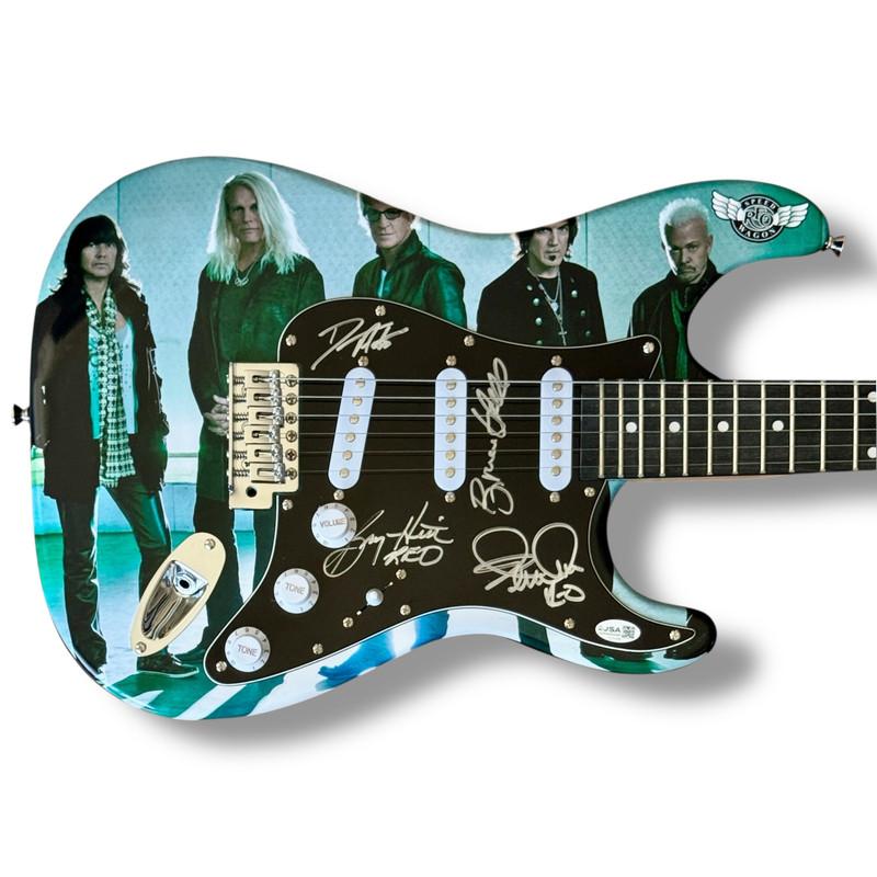 "REO Speedwagon" Custom Stratocaster Style Guitar Band-Signed By (4) with Kevin Cronin, Bruce Hall, Dave Amato & Bryan Hitt (JSA) at PristineAuction.com "REO Speedwagon" Custom Stratocaster Style Guitar Band-Signed By (4) with Kevin Cronin, Bruce Hall, Dave Amato & Bryan Hitt (JSA) at PristineAuction.com