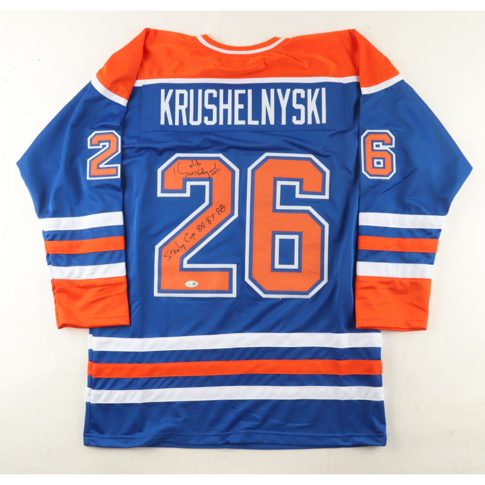 Mike Krushelnyski Signed Jersey Inscribed "Stanley Cups 85-87-88" (JSA) at PristineAuction.com