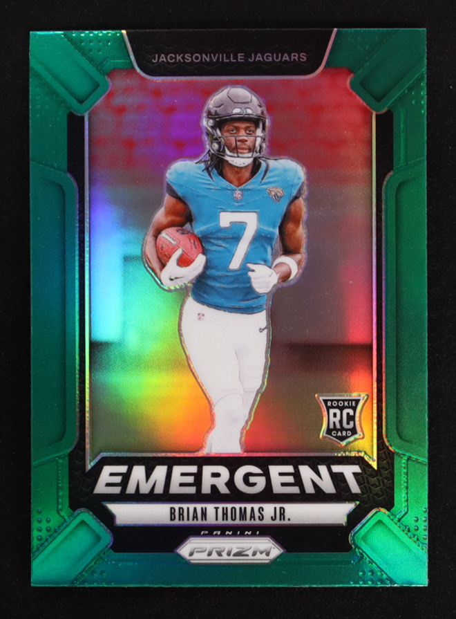 Brian Thomas Jr. 2024 Panini Prizm Emergent Prizms Green #12 RC at PristineAuction.com Brian Thomas Jr. 2024 Panini Prizm Emergent Prizms Green #12 RC at PristineAuction.com