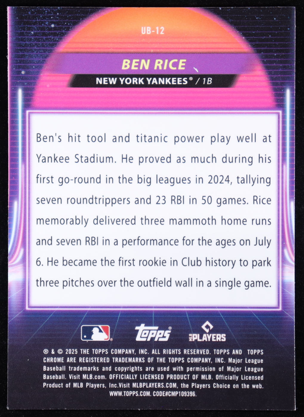 Ben Rice 2025 Topps Cosmic Chrome Ultraviolet Beam #UB12 RC at PristineAuction.com Ben Rice 2025 Topps Cosmic Chrome Ultraviolet Beam #UB12 RC at PristineAuction.com