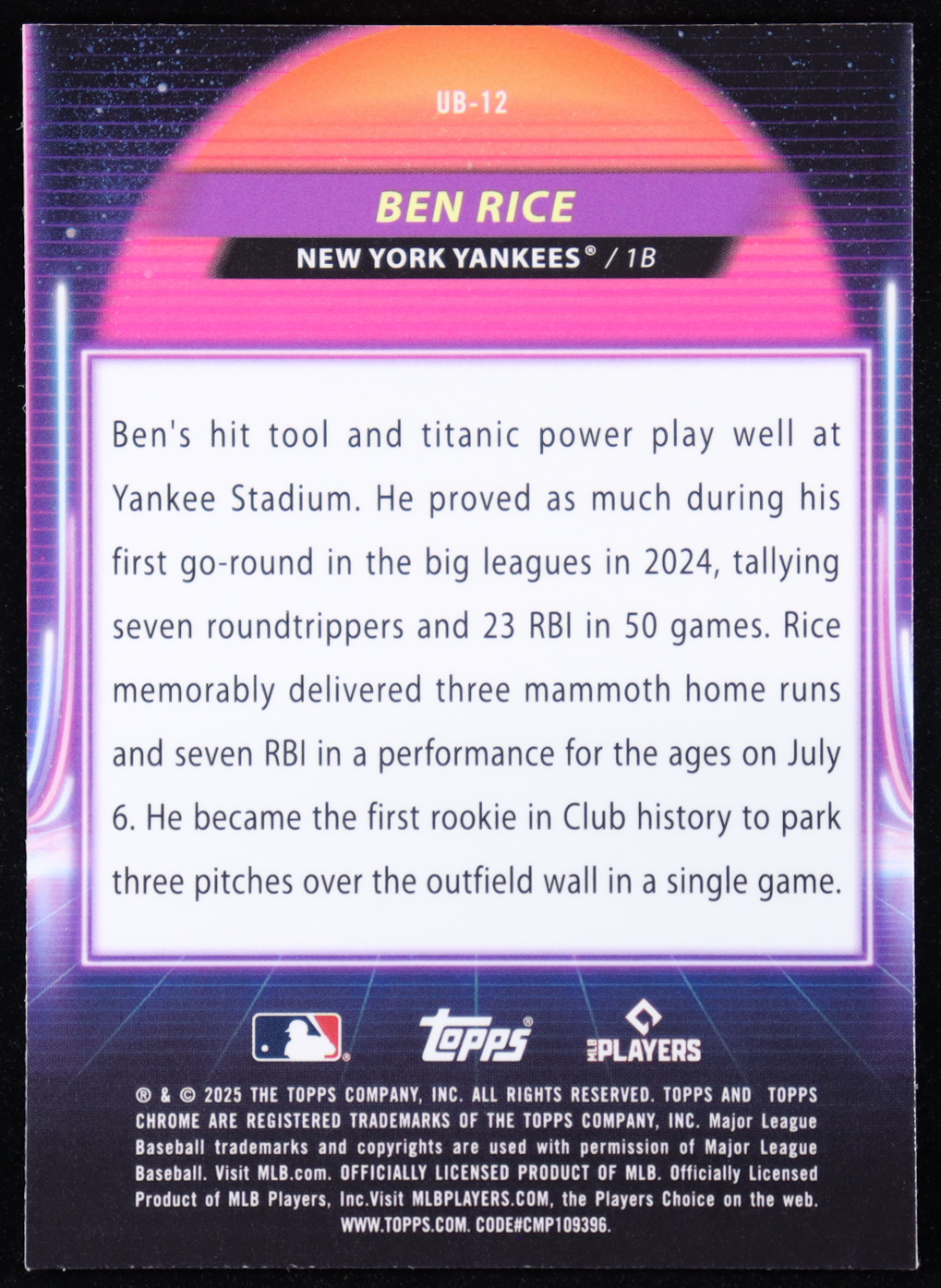 Ben Rice 2025 Topps Cosmic Chrome Ultraviolet Beam #UB12 RC at PristineAuction.com Ben Rice 2025 Topps Cosmic Chrome Ultraviolet Beam #UB12 RC at PristineAuction.com