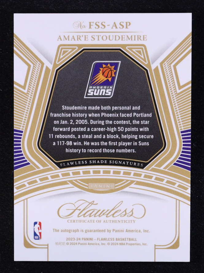 Amar'e Stoudemire 2023-24 Panini Flawless Flawless Shade Signatures #46 #15/25 at PristineAuction.com Amar'e Stoudemire 2023-24 Panini Flawless Flawless Shade Signatures #46 #15/25 at PristineAuction.com