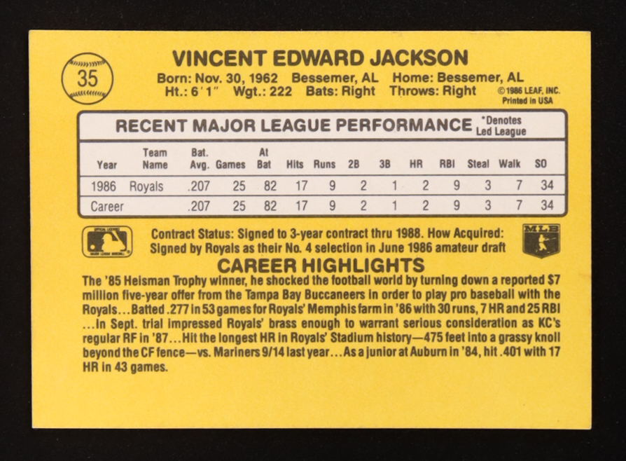 Bo Jackson 1987 Donruss #35 RR RC at PristineAuction.com Bo Jackson 1987 Donruss #35 RR RC at PristineAuction.com