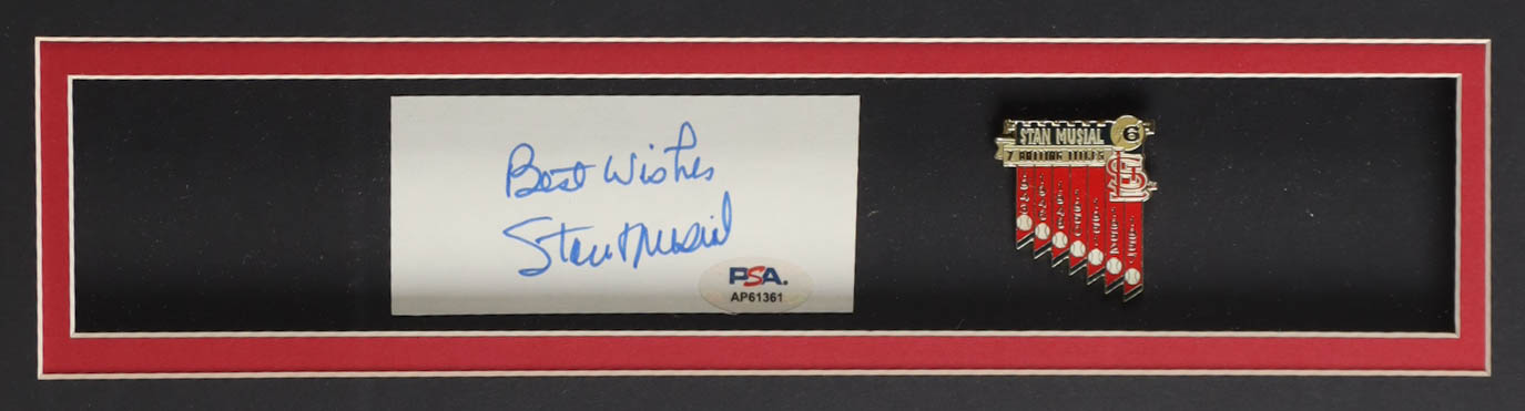 Stan Musial Signed Custom Framed Cut Display with Jersey & 6X Batting Champion Pin (PSA) at PristineAuction.com Stan Musial Signed Custom Framed Cut Display with Jersey & 6X Batting Champion Pin (PSA) at PristineAuction.com