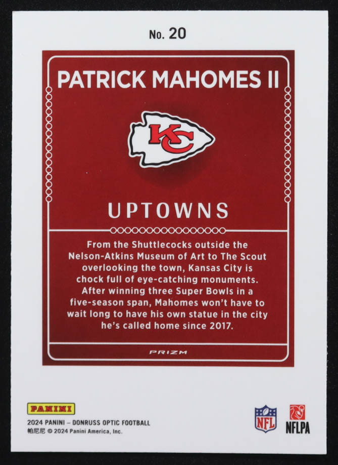 Patrick Mahomes II 2024 Panini Donruss Optic Uptowns #20 at PristineAuction.com Patrick Mahomes II 2024 Panini Donruss Optic Uptowns #20 at PristineAuction.com