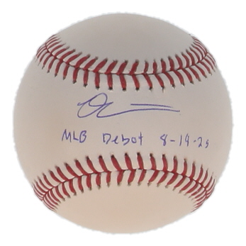 Owen Caissie Signed OML Baseball Inscribed "MLB Debut 8-14-25" (Schwartz) at PristineAuction.com Owen Caissie Signed OML Baseball Inscribed "MLB Debut 8-14-25" (Schwartz) at PristineAuction.com