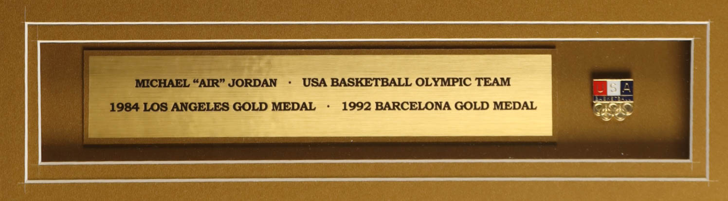 Michael Jordan Authentic Nike 1992 USA Custom Framed Jersey Display with (2) 1992 Olympic Pins at PristineAuction.com Michael Jordan Authentic Nike 1992 USA Custom Framed Jersey Display with (2) 1992 Olympic Pins at PristineAuction.com