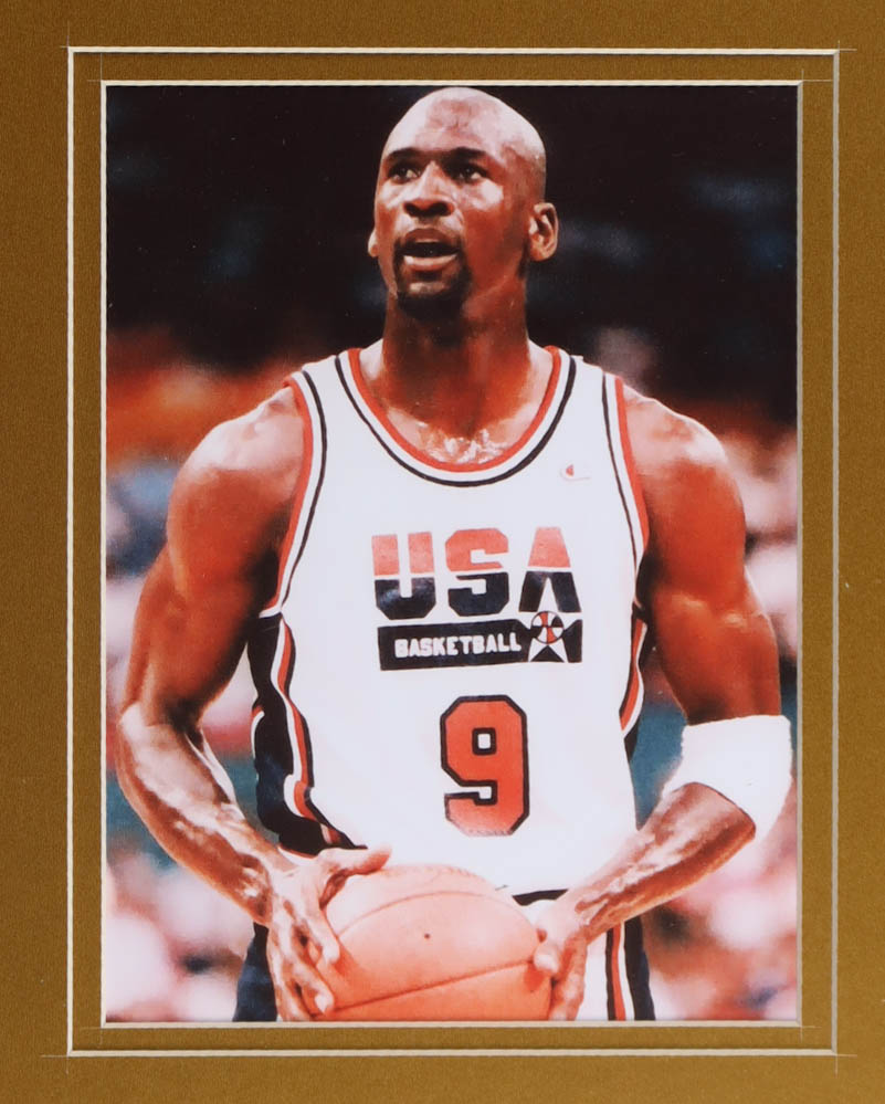 Michael Jordan Authentic Nike 1992 USA Custom Framed Jersey Display with (2) 1992 Olympic Pins at PristineAuction.com Michael Jordan Authentic Nike 1992 USA Custom Framed Jersey Display with (2) 1992 Olympic Pins at PristineAuction.com