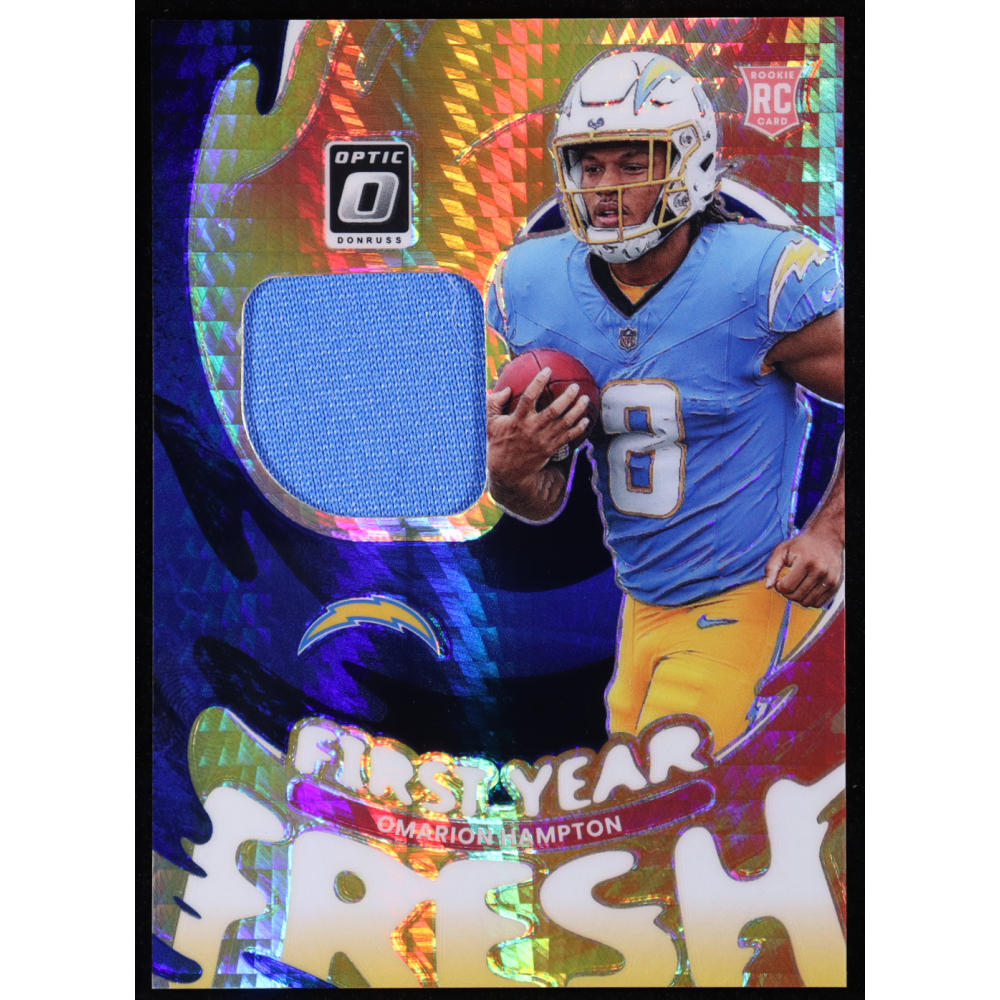 Omarion Hampton 2025 Donruss Optic First Year Fresh Jerseys Blue Hyper #13 RC at PristineAuction.com