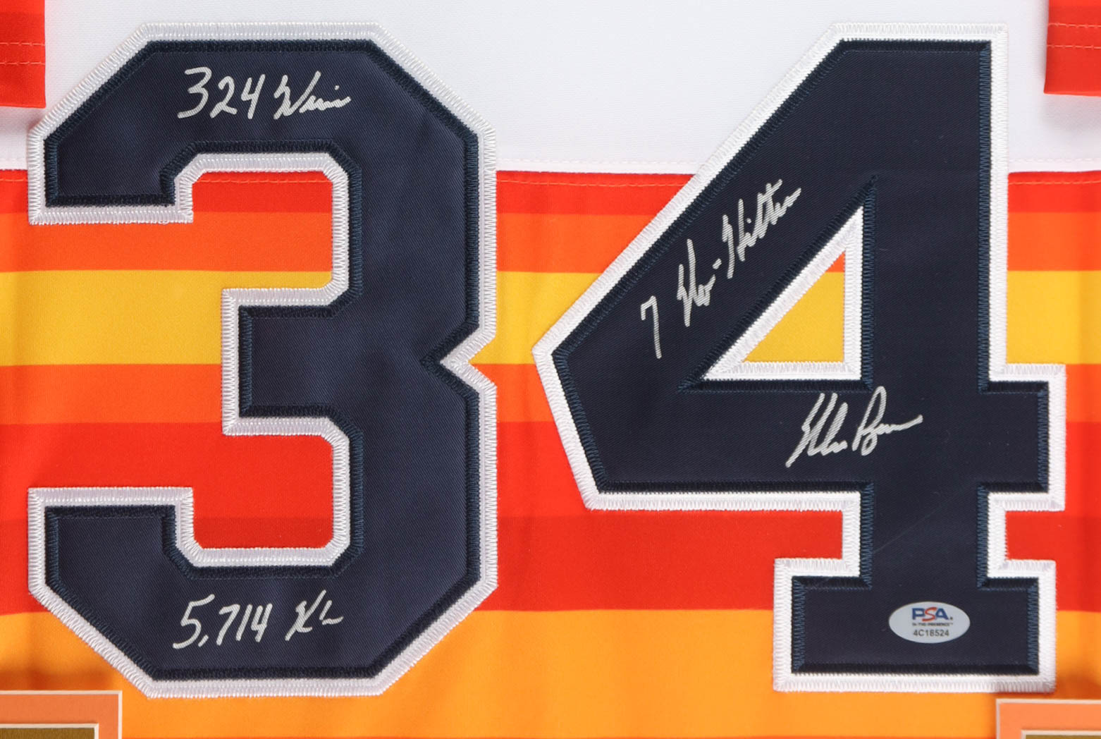 Nolan Ryan Signed Custom Framed Jersey Display Inscribed "324 Wins" & "5,714 K's" & "7 No-Hitters" with HOF Induction Pin (PSA) at PristineAuction.com Nolan Ryan Signed Custom Framed Jersey Display Inscribed "324 Wins" & "5,714 K's" & "7 No-Hitters" with HOF Induction Pin (PSA) at PristineAuction.com