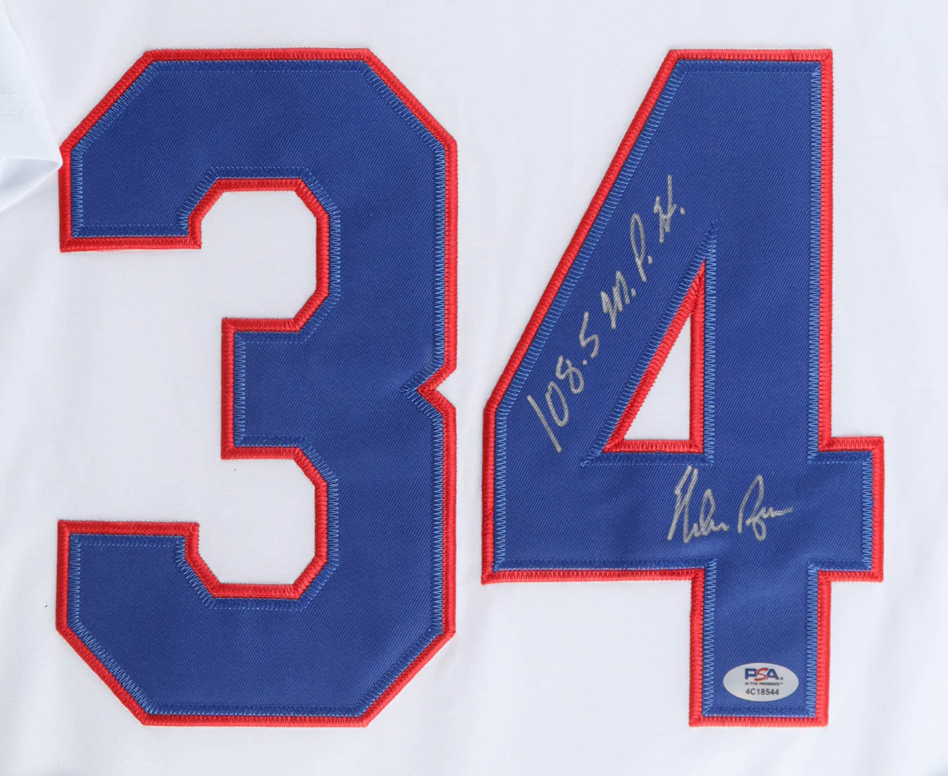 Nolan Ryan Signed Custom Framed Jersey Display Inscribed "108.5 M.P.H" with Rangers Retirement Pin (PSA) at PristineAuction.com Nolan Ryan Signed Custom Framed Jersey Display Inscribed "108.5 M.P.H" with Rangers Retirement Pin (PSA) at PristineAuction.com