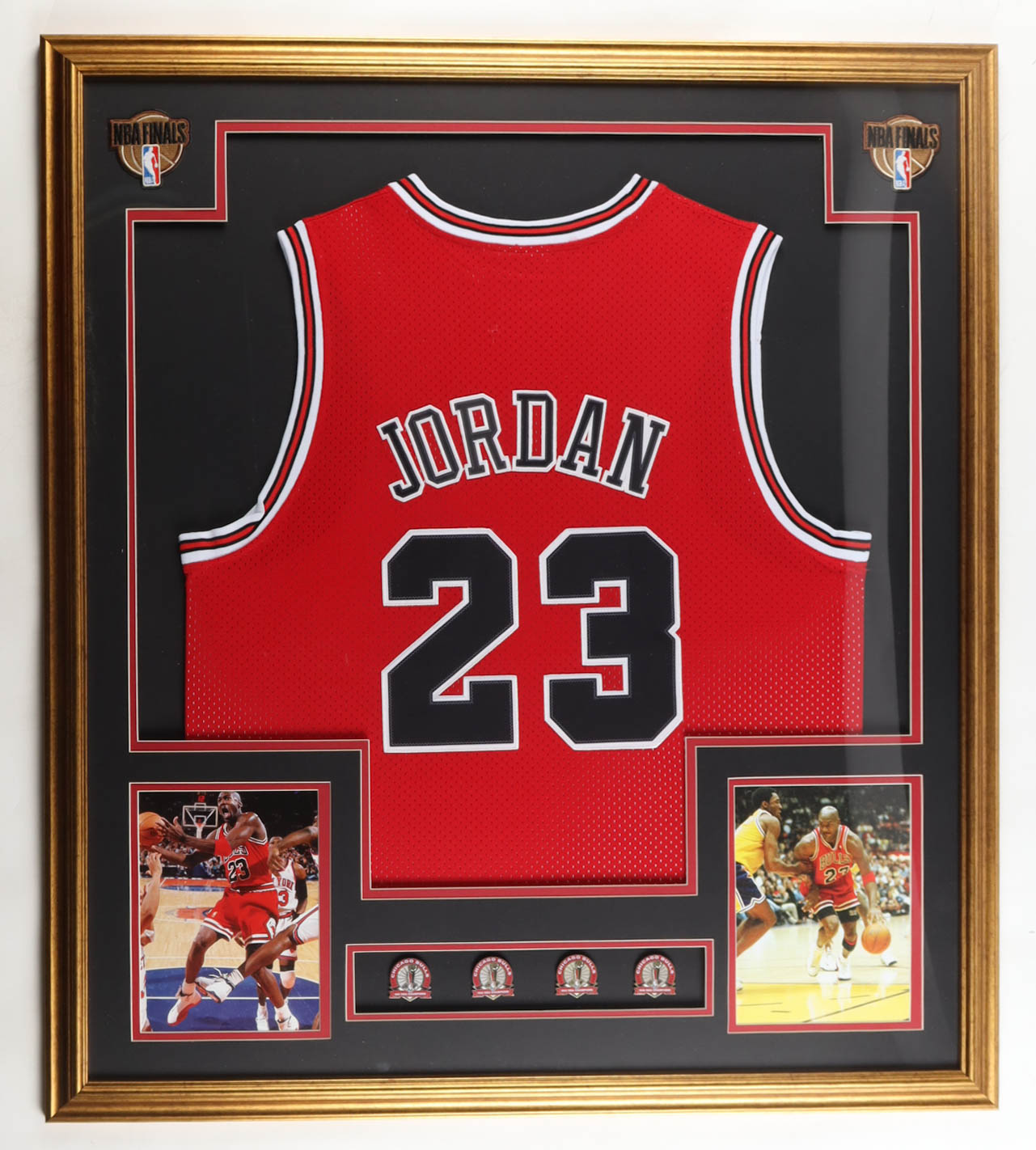 Michael Jordan Custom Framed Jersey Display with 1991, 1992, 1993 & 1996 Championship Pins at PristineAuction.com Michael Jordan Custom Framed Jersey Display with 1991, 1992, 1993 & 1996 Championship Pins at PristineAuction.com