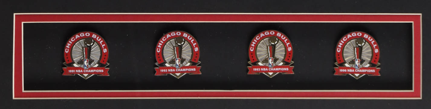 Michael Jordan Custom Framed Jersey Display with 1991, 1992, 1993 & 1996 Championship Pins at PristineAuction.com Michael Jordan Custom Framed Jersey Display with 1991, 1992, 1993 & 1996 Championship Pins at PristineAuction.com