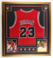 Michael Jordan Custom Framed Jersey Display with 1991, 1992, 1993 & 1996 Championship Pins at PristineAuction.com