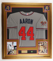 Hank Aaron Signed Custom Framed Cut Display with Jersey & HOF Induction Pin (PSA) at PristineAuction.com