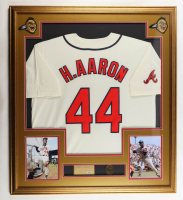 Hank Aaron Signed Custom Framed Cut Display Inscribed "Best Wishes" with Jersey & HOF Induction Emblem (PSA) at PristineAuction.com