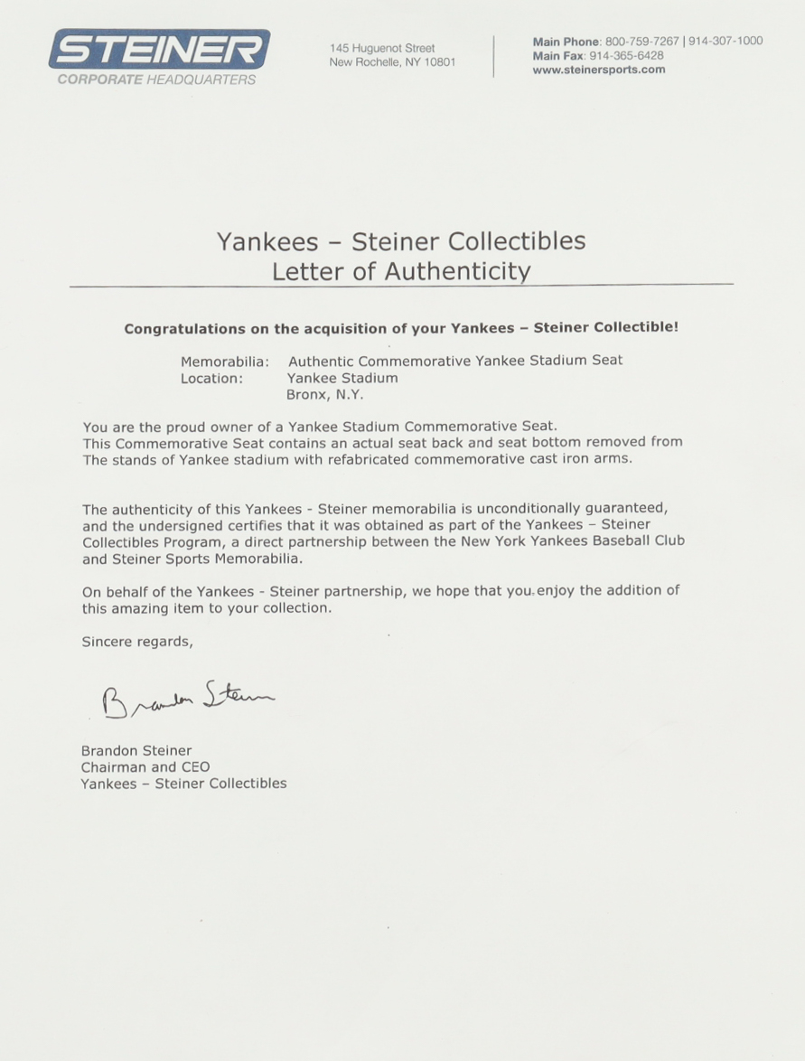 Yankee Stadium Commemorative Stadium Seat #3 with Original Seat Back and Seat Bottom (Steiner & MLB) at PristineAuction.com Yankee Stadium Commemorative Stadium Seat #3 with Original Seat Back and Seat Bottom (Steiner & MLB) at PristineAuction.com