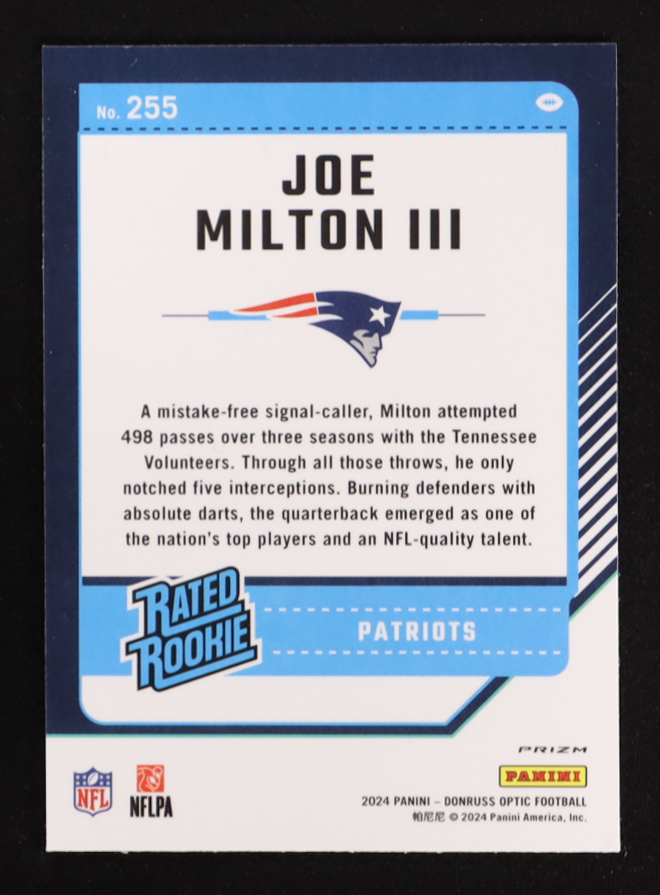 Joe Milton III 2024 Donruss Optic Green Hyper #255 RC at PristineAuction.com Joe Milton III 2024 Donruss Optic Green Hyper #255 RC at PristineAuction.com