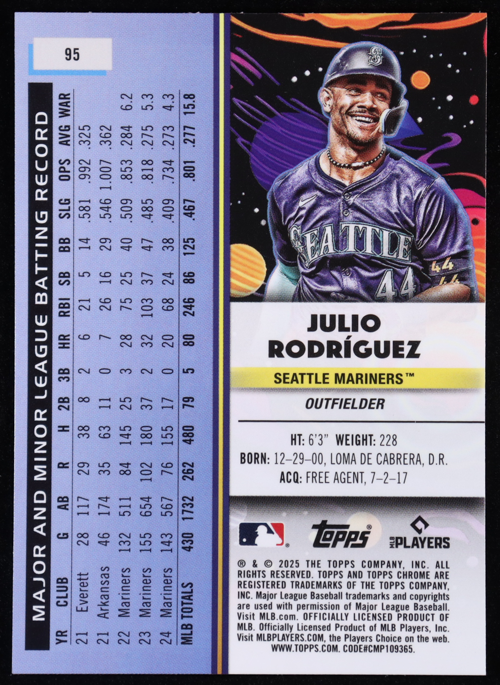 Julio Rodriguez 2025 Topps Cosmic Chrome White Hole Refractors #95 at PristineAuction.com Julio Rodriguez 2025 Topps Cosmic Chrome White Hole Refractors #95 at PristineAuction.com