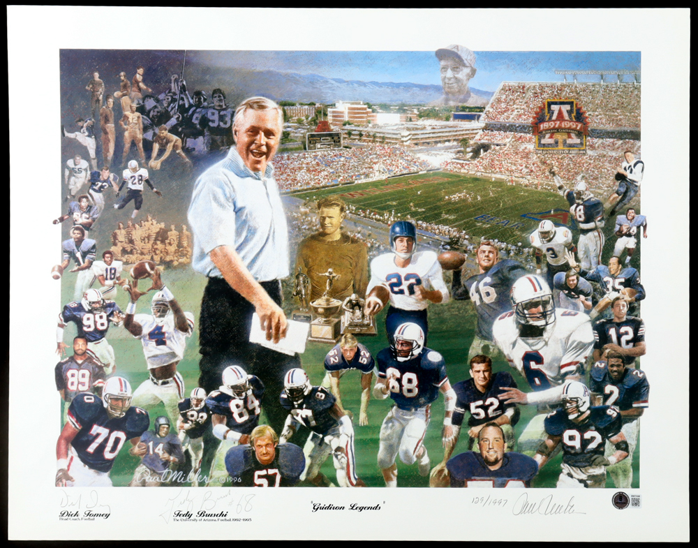 Dick Tomey & Tedy Bruschi Signed Arizona Wildcats "Gridiron Legends" LE 18x24 Lithograph (Beckett) at PristineAuction.com Dick Tomey & Tedy Bruschi Signed Arizona Wildcats "Gridiron Legends" LE 18x24 Lithograph (Beckett) at PristineAuction.com