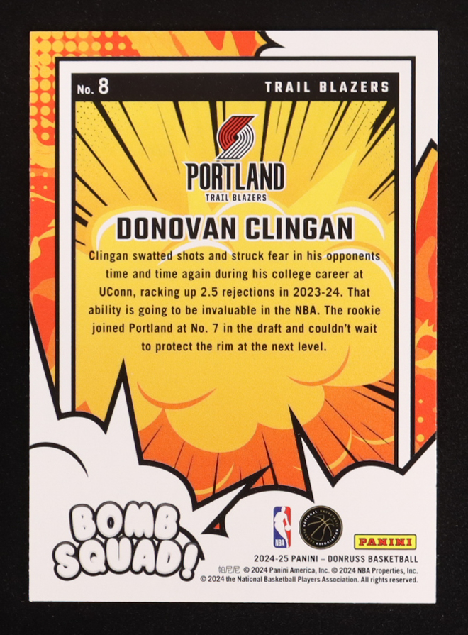 Donovan Clingan 2024-25 Donruss Bomb Squad #8 RC at PristineAuction.com Donovan Clingan 2024-25 Donruss Bomb Squad #8 RC at PristineAuction.com