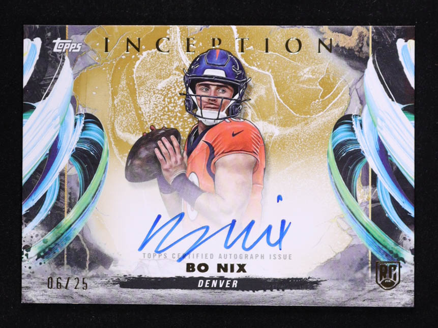 Bo Nix 2024 Topps Inception Rookie Variation Autographs Gold #RAVBN RC #06/25 at PristineAuction.com Bo Nix 2024 Topps Inception Rookie Variation Autographs Gold #RAVBN RC #06/25 at PristineAuction.com
